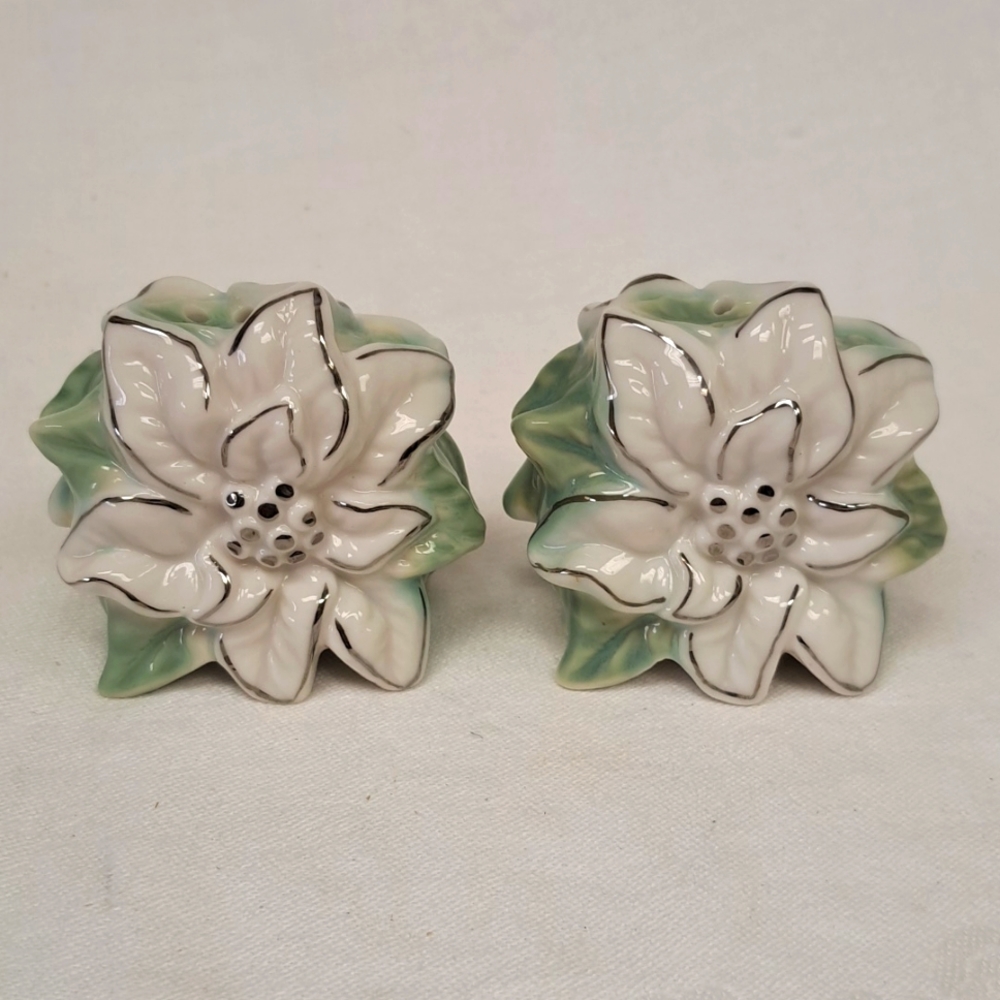 Vintage porcelain CHRISTMAS Pointsetia design salt and pepper shakers